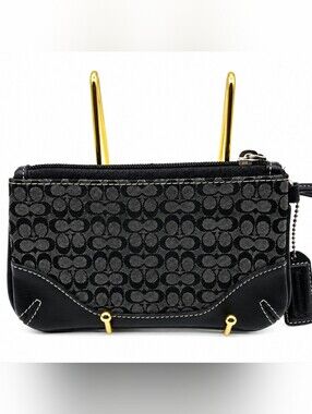 COACH Wristlet Signature Mini "C" Jacquard Canvas Genuine Leather Trim Vintage